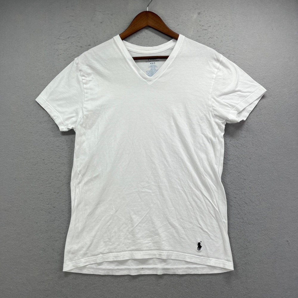 Polo Ralph Lauren V-Neck T-Shirt Mens Medium White Classic Fit Blue Pony Tee